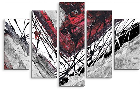 Paul Sinus Art 5 teiliges Wandbild auf Leinwand (Gesamt: H: 100cm B: 160cm) Keilrahmenbild Canvas Fotodruck Leinwandbild Leinwanddruck Kunstdruck Wandbild rot schwarz grau weiß Ecken