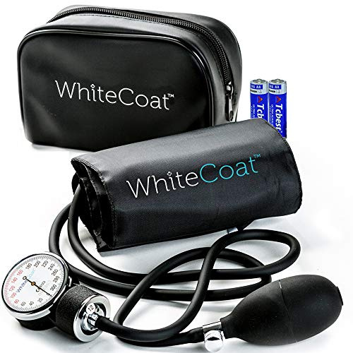 Escudo manual de presión arterial de muñeca color blanco, esfigmomanómetro aneroide de lujo con linterna LED adicional, tamaño negro para adultos y funda de transporte incluida