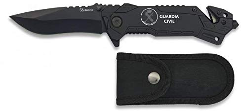 Navaja grabada GUARDIA CIVIL Negra Mango de Aluminio y Hoja de 8,1 cm cm para Camping, Caza, Pesca, Supervivencia y Bushcraft Albainox 19520GR257 + Portabotellas de regalo