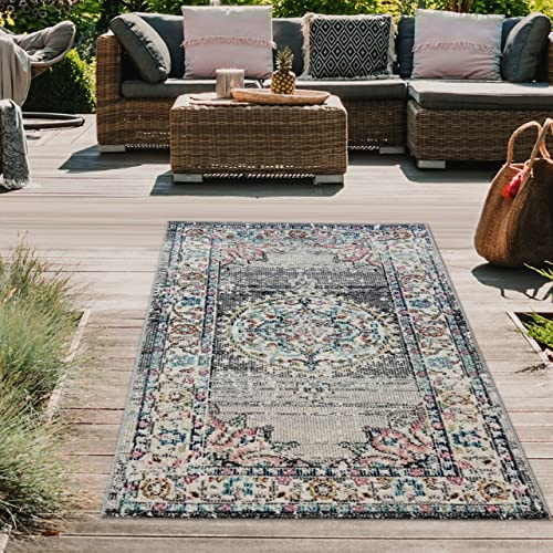 Teppich-Traum In- & Outdoor Teppich Vintage Blumen Grau Blau 80x150 cm | Pflegeleicht, schmutzabweisend, farbecht und strapazierfähig, für Terrasse, Balkon, Garten, Pavillon und Essbereich