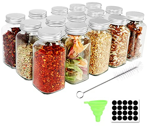 Yishik 15 Packs, 6oz Glass Spice Jars, 180ml Square Spice Bottles | Shaker Lids and Airtight Silver Caps Included for Kitchen Storage & DIY Crafts