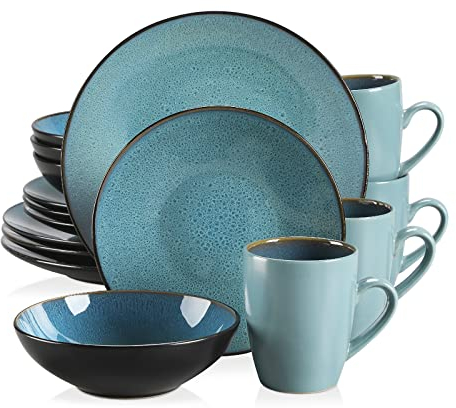 Tafelservice Steinzeug, vancasso 16-tlg. BUBBLE Kombiservice aus Steingut, inkl. Schalen, Tassen, Desserttellern & Speisetellern für 4/8/12 Personen