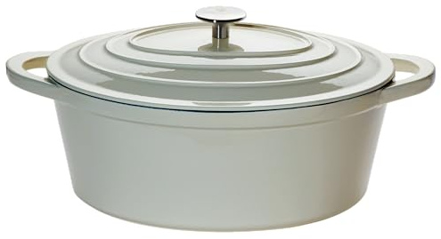 CHEF CUISINE Bräter Gusseisen mit Deckel, Oval groß, 6,7 L, Induktionsgeeignet, Antihafteffekt, geeignet zum Brot backen, inklusive Deckel mit Edelstahl Knopf, Creme
