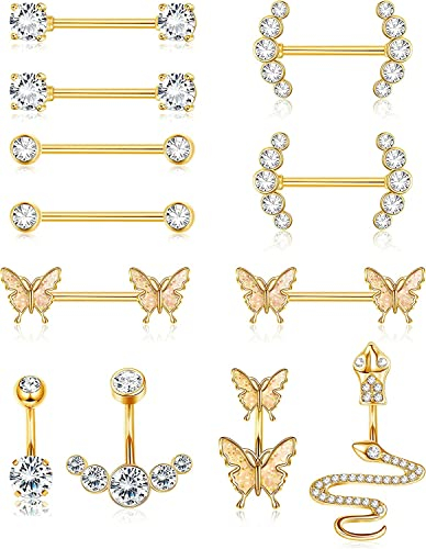 LOLIAS 12 STÜCKE 14G Nippel Bauchnabel Piercing für Frauen Edelstahl Schmetterling Schlange CZ Zunge Brustwarzen Barbell Piercing Nabelring Körperpiercing Schmuck