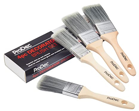 Juego de brochas sintéticas ProDec de 4 Piezas para Pintar con Pinturas de emulsión, Brillantes y satinadas en Paredes, techos, Madera y Metal, Contiene 2 brochas de 1,5 y 2 de 2.