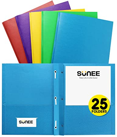 SUNEE 2 Pocket Folders with Prongs (25 Pack, Assorted Colors), Paper Folders with 2 Pockets and 3 Prongs Fit Letter Size Paper, Folders with Prongs for School Office Home Business