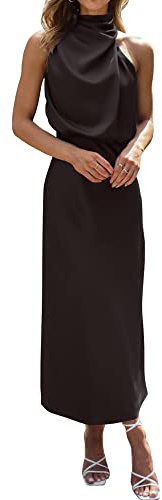 BTFBM Cocktail Dresses for Women Summer Satin Silk Sleeveless Mock Neck Maxi Wedding Guest Dress Spring Outfits 2026(Black, Small)