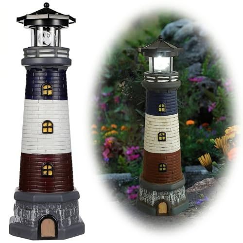 DOITOOL Solar Powered Lighthouse, 37.5cm Tall Solar Lighthouse with Rotating Beacon, Outdoor Solar LED Rotating Lighthouse Light Lighthouse Statue for Garden Lawn, Black