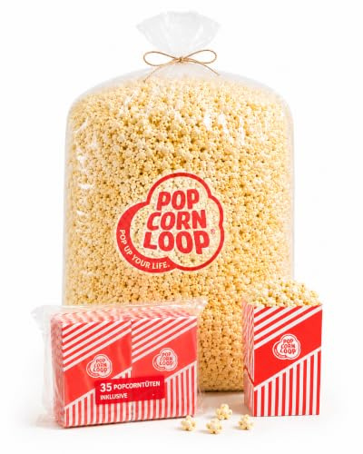 Popcornloop® Popcorn Sack Süß 2 Kilo inklusive 35 Stk. Popcorntüten Gratis Dazu Frisch und Verzehrbereit für Feste Events Veranstaltungen Partys Festivals (Süß, 2 kg)