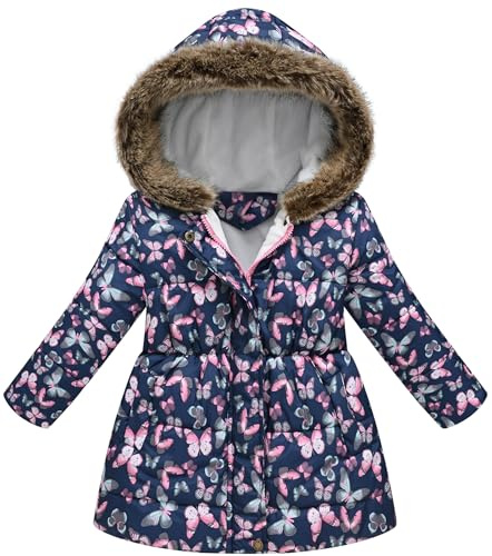 Maeau Veste d'hiver en duvet pour filles avec capuche en fausse fourrure Parka longue Doudoune chaude Coupe-vent Manteau rembourré, bleu marine, 3-4 ans