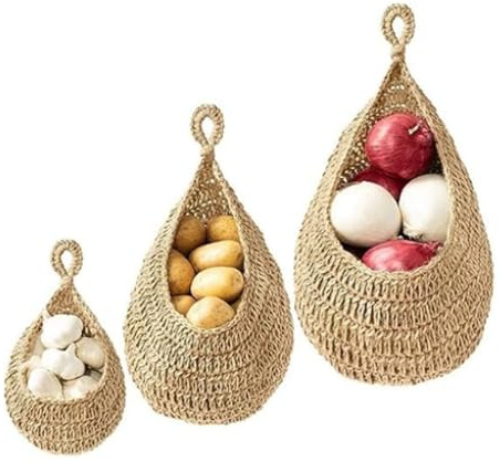 Pack of 3 Hanging Basket, Fruit Basket Handwoven Teardrop Hanging Baskets Wall Hanging Vegetable and Fruit Basket, Wall Hanging Basket, Kitchen Basket for Garlic, Fruit, Vegetables, Wall(Brown)