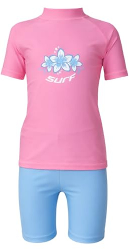 Kidz Swimmers Chaleco de protección solar UV para niñas y pantalones cortos de natación UPF 50+, rosa y azul, Rosa Y Azul, 5-6 años