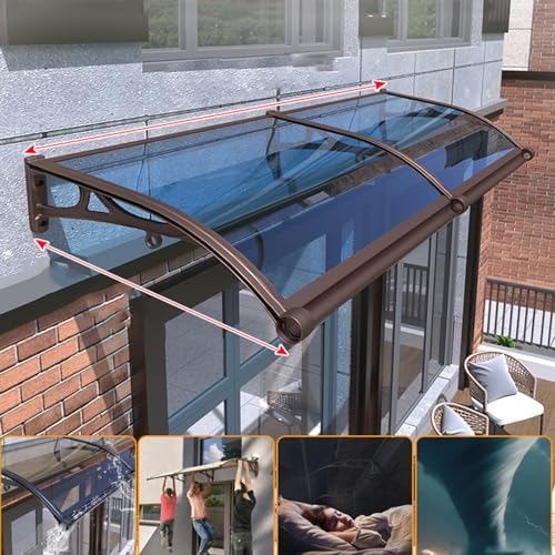 Türdach Pultbogenvordach Vordach aus Aluminium Kaffee Ständer blau Polycarbonat für Eingangstür Vordach Haustür Eingangsmarkise Regenschutz,Automatische Entwässerung (120 x 60cm)