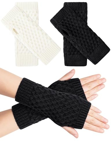 MELLIEX 2 Paar Halb Fingerlose Handschuhe Winter Pulswärmer Handschuhe mit Daumenloch Warm Strick Handstulpen Unisex，Schwarz + Weiß