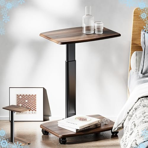 FGDIUCVN Adjustable Couch Side Table, Portable TV Tray Table with Wheels, C Shaped Sofa Snack Table Elegant Sturdy, for Living Room, Bedroom