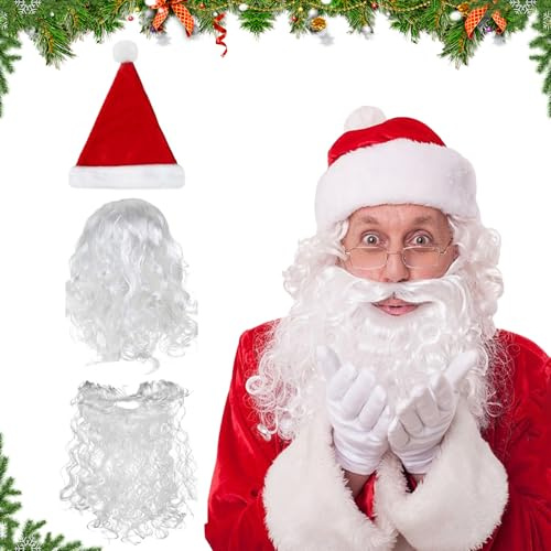AOMAIGAD Weihnachtsmann Bart Perücke Mütze Set, Mit Weihnachtsmütze Weihnachtsmannbart Weihnachtsmann Perücke, Für Weihnachten Cosplay Karneval Urlaub Party Zubehör