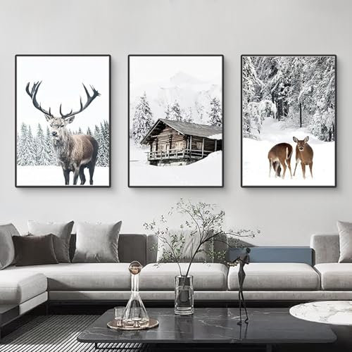 3er Premium Poster Set, Winter Schneelandschaft Bilder Poster & Kunstdrucke, Modern Wandbilder Holzhaus, Elch, Wald Wandkunst Bilder, Wanddeko Schlafzimmer Wohnzimmer, Ohne Rahmen (DEF,50x70cm)