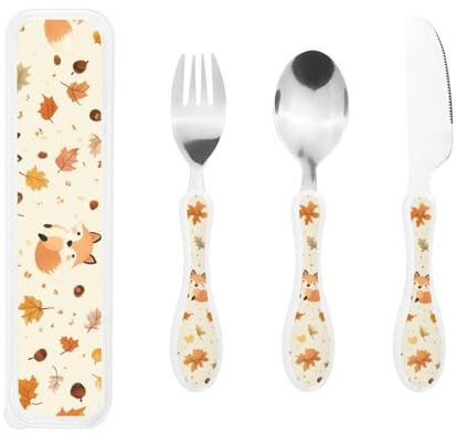 Big Kids Cutlery Set Spoon Knife and Fork Sets Children Cutlery Sets Food-Safe Stainless Steel (Autumn Maple Leaf Little Fox)