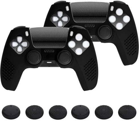 PlayVital 2 Stück Silikon Hülle für ps5 Controller, Case Schutzhülle Zubehör Skin für ps5 Controller mit 12 Joystick-Kappen & 4 Aufklebern, kompatibel mit Ladestation(3D Noppen Edition,Schwarz)