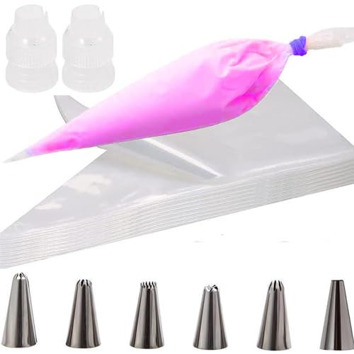 Juego de 108 bolsas y boquillas, 100 bolsas pasteleras desechables, 6 boquillas de manga pastelera, 2 acopladores, bolsas transparentes para decoración de pasteles, cupcakes, postres, galletas