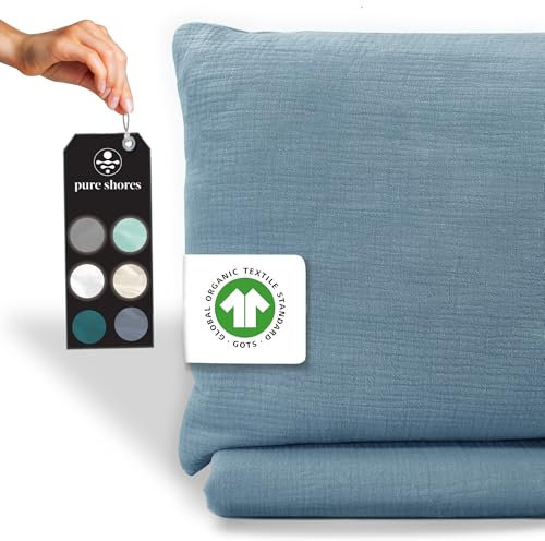 pure shores - Musselin Bettwäsche 135x200 | Bettwäsche Kissen 80x40 Baumwolle | Bettwäsche-Sets | 100% Baumwolle mit OEKOTEX | Reißverschluss | Bettwaren | Kissen 80x40| Gezeiten-Blau