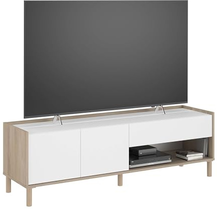 Miroytengo Mueble TV Azzaro 150 cm Salón Comedor Estilo Nórdico en Color Roble Japonés y Blanco con 2 Puertas, 1 Cajón y 1 Hueco Abierto