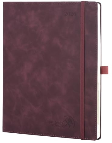 POPRUN Kalender 2026 Buchkalender Softcover mit PU-Leder, ca. A4 (26,5 x 21,5 cm) - Terminplaner, Wochenplaner Notizbuch (Jan.2026-Dez.2026) mit 100 GSM Papier - Weinrot
