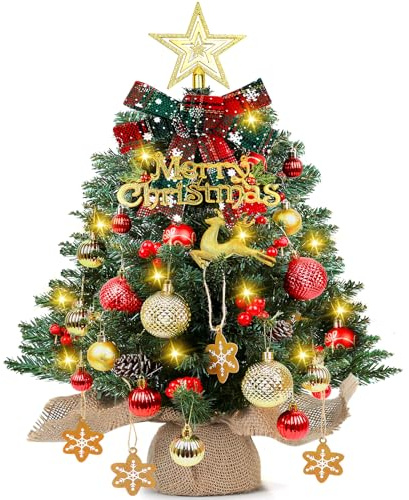 Mini sapin de Noël artificiel de 60 cm avec éclairage LED - Avec boule, pommes de pin et nœuds - Pour décoration de table, vitrine, bureau (blanc chaud)