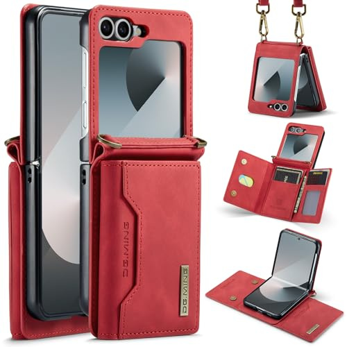 Plånboksfodral till Samsung Galaxy Z Flip 7, matt läderfodral fodral korthållare avtagbar axelrem spänne design fodral – röd