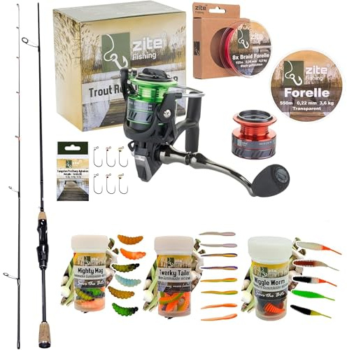 Zite Fishing UL Gummiköder Angelset | 200 cm Solid Tip Forellenrute Ultra Light 0,5–3 g | Trout Reel 1000 3+1BB Spinnrolle | 0,06 mm Geflochtene Schnur | Haken & Zubehör Set Forellensee Angeln
