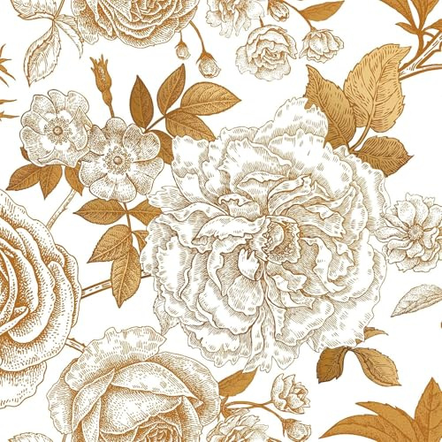 FunStick Papier Peint Blanc Fleuri Vintage Papier Peint Autocollant Meuble Fleur Pivoine Jardin Rouleau Adhesif Mural Chambre Salle de Bain Vinyle Decoratif Adhesif Meuble Blanc et Or Fleurs 44.5CMx3M