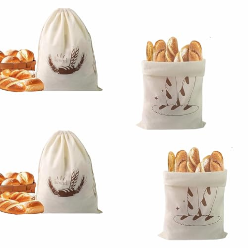 4 Pièces Sac à Pain en Lin, Réutilisable Sacs de Rangement pour Pain avec Cordon, Sac de Stockage de Pain pour Baguette, Fruits, Légumes