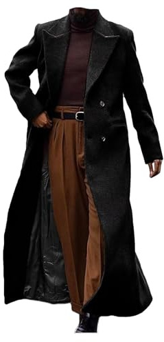 ORBITRAY Men's Tweed Trench Coat Full Length Winter Overcoat Double Breasted Wool Blend Long Coats Jacket Vintage, Black, 6XL