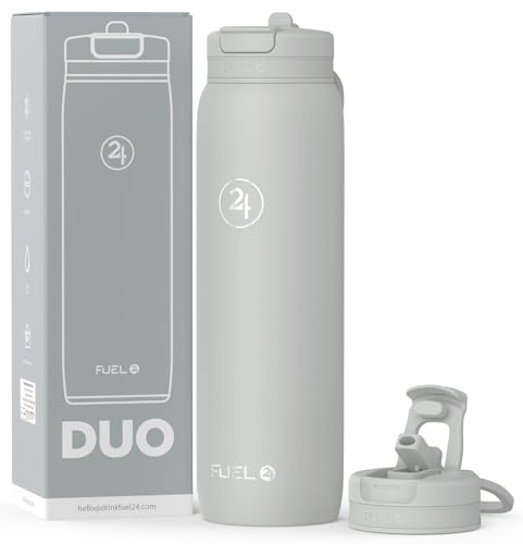 Fuel24 Duo - Stainless Steel Water Bottle 700ml or 1L - Vacuum Insulated Metal Flask with Straw (Dual use Lid) 1 Litre - for Sports, Gym, Work – Slim Design (Granite, 1000 ml)