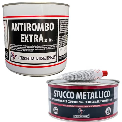 MASTERBRICO Kit Antirombo Sottoscocca 2 L + Stucco Metallico 750 ml – Soluzione Completa per Riparazioni Auto, Riempimento, Protezione, Insonorizzazione