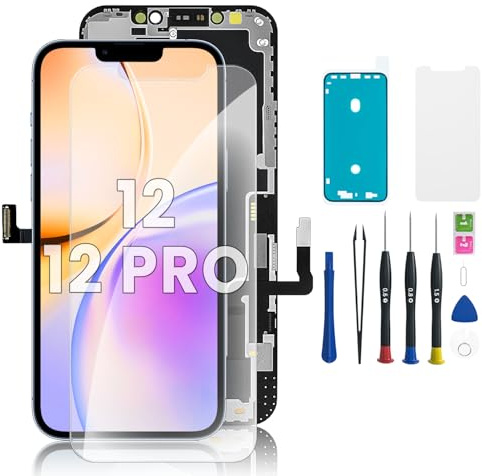 Hoonyer iPhone 12/12 Pro Display Ersatz Set, LCD Bildschirm mit Rahmen & Digitizer, inkl. Reparatur-Werkzeug, wasserdichtem Kleber & gehärtetem Displayschutz – für iPhone 12/12 Pro (6,1 Zoll)