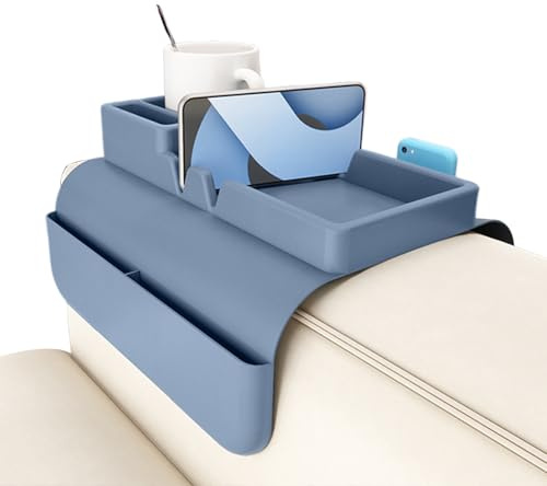 Portavasos para sofá, posavasos antideslizante, bandeja de silicona para brazo de sofá, almohada con bandeja para aperitivos, organizador de control remoto, bolígrafos, teléfono y tableta, organizador