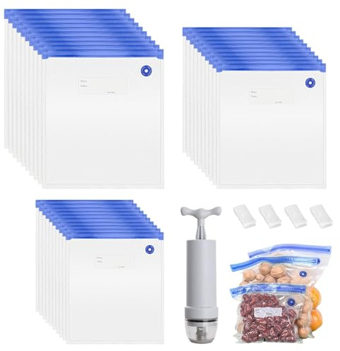 30 Stück Vakuumbeutel Lebensmittel Wiederverwendbar in 3 Größen | Vakuum Beutel mit Pumpe und 4 Verschlussclips Vakuumierbeutel für Gefrierbeutel und Sous Vide Beutel Aufbewahrung