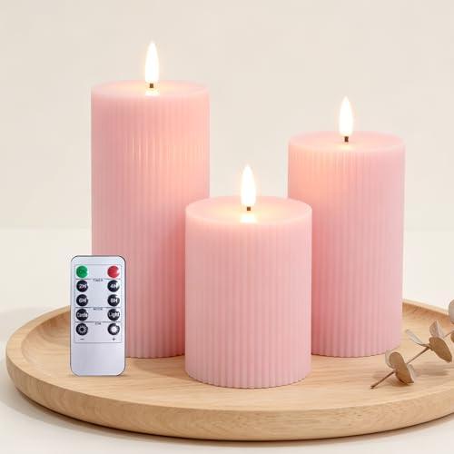 MiKoyi 3 Set LED Kerzen, Flammenlose Kerze mit Fernbedienung Timer Funktion Batteriebetriebene 3D-Docht für Zuhause, Wohnzimmer, Tischdeko, Weihnachten, Hochzeit, Party (Rosa)
