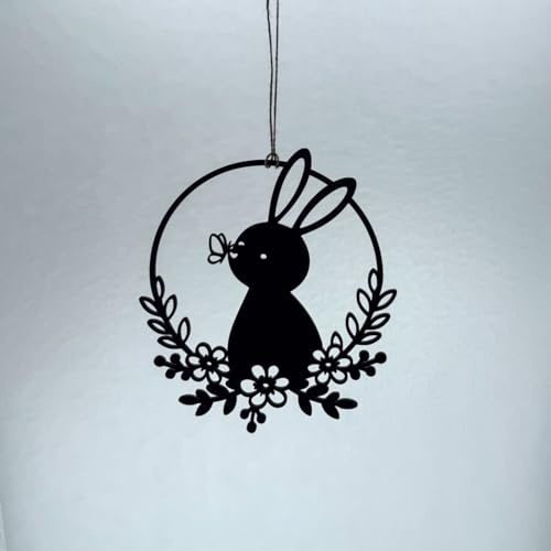 Osteraufhänger aus Holz, Schwarz Lackiert, Osterhase mit Blumen Design, Tür und Fenster Dekoration, Rund, Osterdeko modern (Motiv 2)