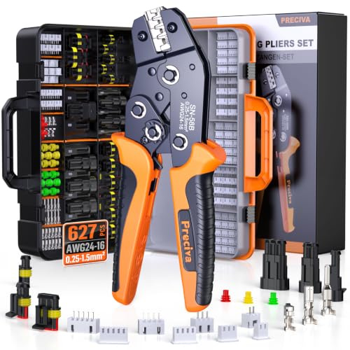 Alicates Crimpadora Profesional, Kit Terminales Eléctricos, 0.25-1.5mm² AWG23-16, para DuPont JST XH AMP Deutsch, Crimpadora Terminales para Auto, Cuadros de Control, Electrónica y Bricolaje