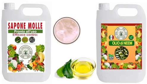 GSW© KIT Olio di NEEM + SAPONE MOLLE per Piante Biologico Ottimo su Orto, Prato e Giardino, 100% Naturale No OGM Atossico per Piante, Animali, Persone, Ambiente (KIT 10000 ml (5000+5000))