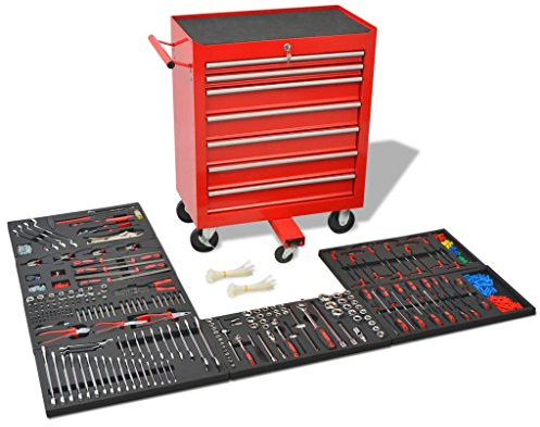 Festnight Werkstattwagen mit 1125 Werkzeugen Stahl Werkzeugwagen mit 7 Schubladen Werkzeugkasten 69 x 33 x 77,2 cm Rot
