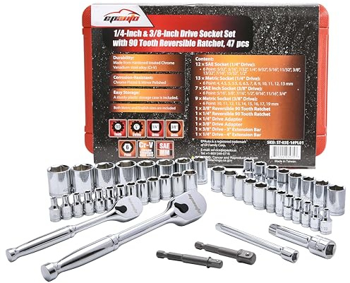 EPAuto 46 Pieces 1/4-Inch and 3/8-Inch Drive Socket Set with 90 Tooth Reversible Ratchet