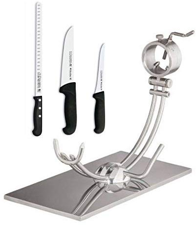 Hidalgo Afinox Primus Schinkenhalter mit Basis aus glänzendem Stahl + Profi-Messerset