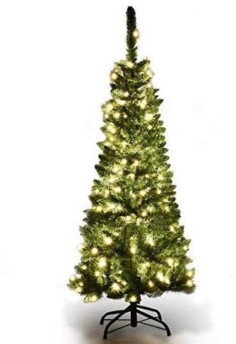 COSTWAY 135/200/225cm Bleistift Weihnachtsbaum mit warmweißen LED-Leuchten, künstlicher Tannenbaum mit Klappsystem und Metallständer, Christbaum PVC Nadeln, Kunstbaum Weihnachten Grün (135cm)