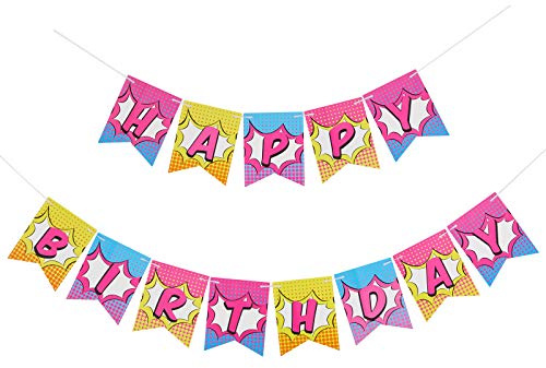 Happium-Deko-Superhelden-Girlande zum Kindergeburtstag für eine abenteuerliche Mottoparty! Mit seinem farbenfrohen und fröhlichen Design verleiht es Ihrer Veranstaltung Energie und Spaß.