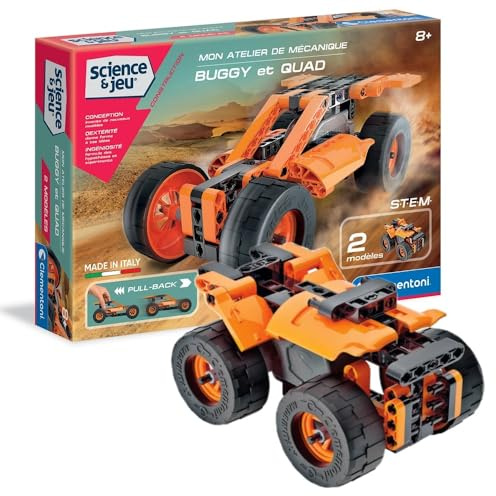Clementoni | Science & Jeu – Mon Atelier de Mécanique Buggy et Quad pour Enfants 8 Ans+ | Kit STEM Mécanique Construction 100 Pièces Interchangeables | Mécanisme Pull-Back | Application 3D Interactive