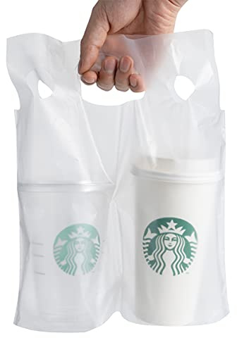 100 Pack Clear Plastic Bags 2 Cup Beverage Carrier Drink Holder up to 32oz Disposable for delivery take Out by Mujoiny