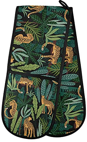PUXUQU Oven Gloves Double Oven Mitts Gloves, Tropical Leaves Animal Leopard Heat Resistant Oven Gloves for Baking BBQ Kitchen Cooking Gloves